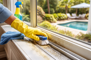 Cleaning pollen buildup from sliding door window tracks in a vacation rental home